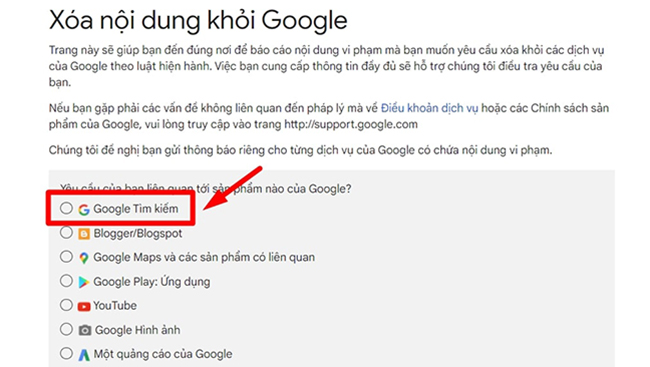 Chọn mục xóa nội dung khỏi Google